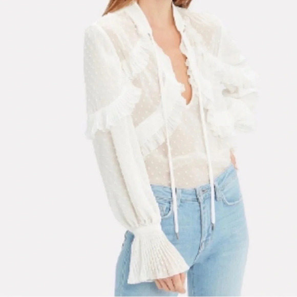 Self Portrait Plumetis Frilled Top Sheer Polka Dot Bow Tie White Blouse